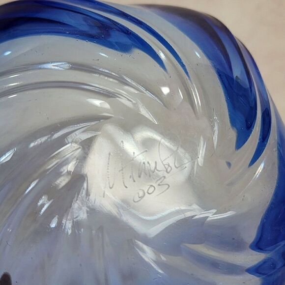 Michael Trimpol 7" D Decorative Sheer Cobalt Blue Swirl Bowl Art Glass Signed 03 - Picture 6 of 9